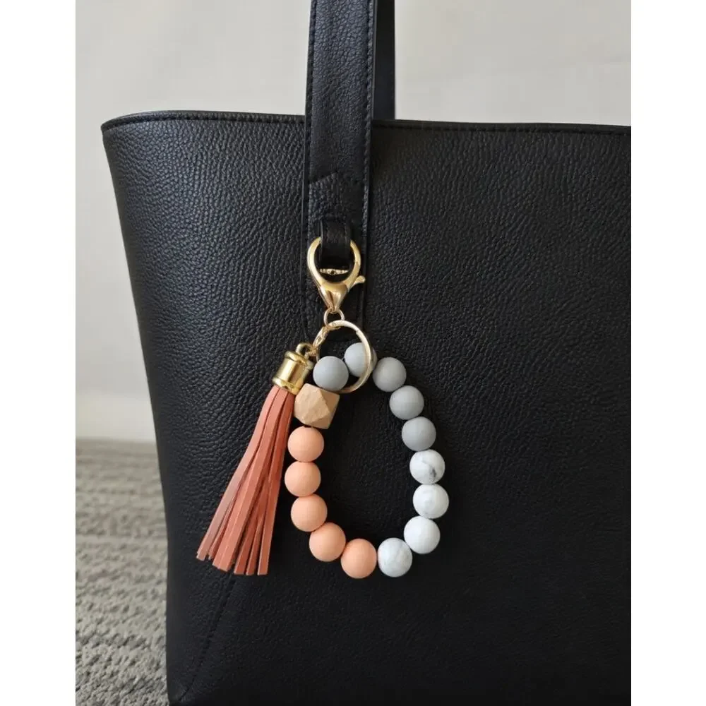 Silicone Gray Peach Beaded Wristlet Key Chain New